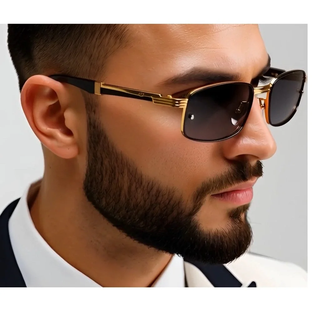Rimless Rectangle Sunglasses Gold Frame Wood Arms Vintage Style‎ Fashion Lentes